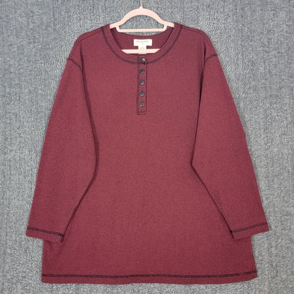 Bechamel Knit Top Womens 1X Burgundy Ribbed Henley Long Sleeve Tunic Sweater